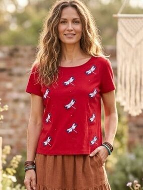 Karen Scott Petite 100% Cotton Red Dragonfly Embroidered Embellished Shirt Boho